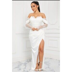 Lace Long Sleeve Satin Off Shoulder Corset Fitted Stretch Wedding Maxi Dress Med